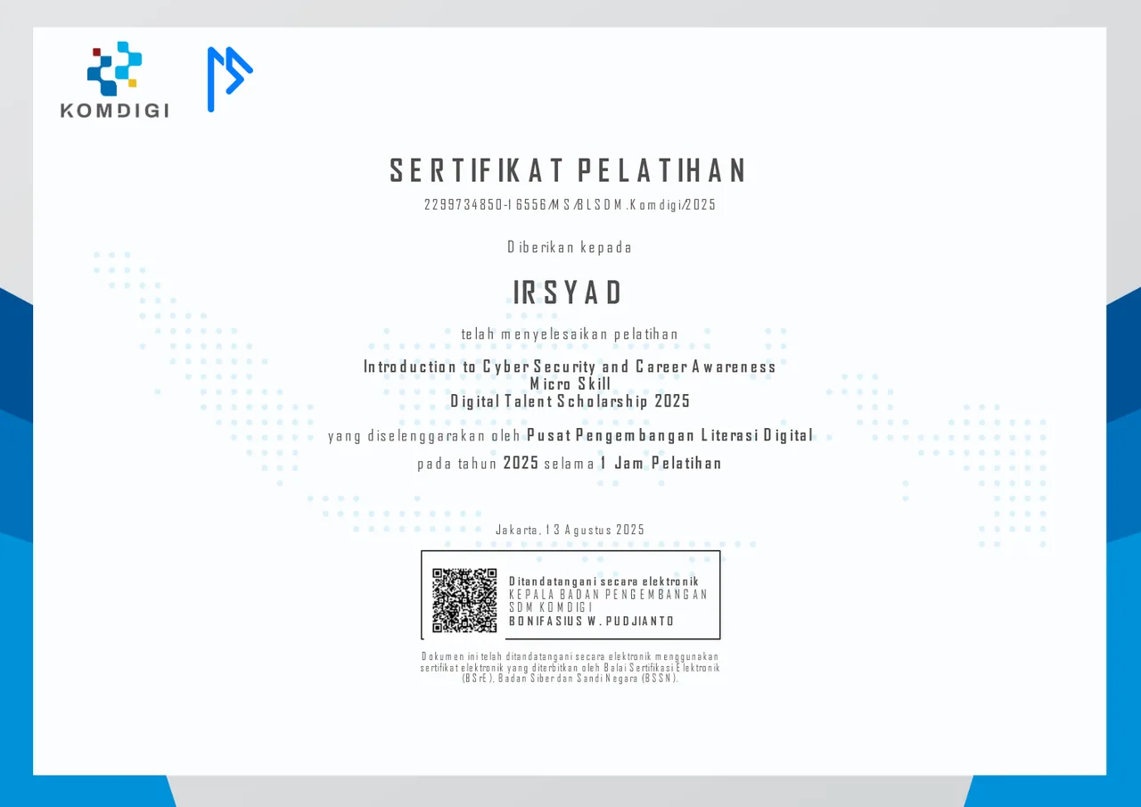 Sertifikat Introduction to Cyber Security atas nama Irsyad