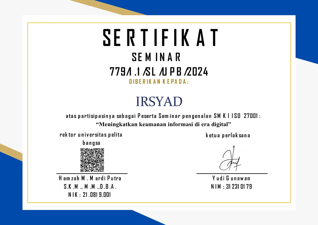 Sertifikat Seminar Keamanan Informasi atas nama Irsyad