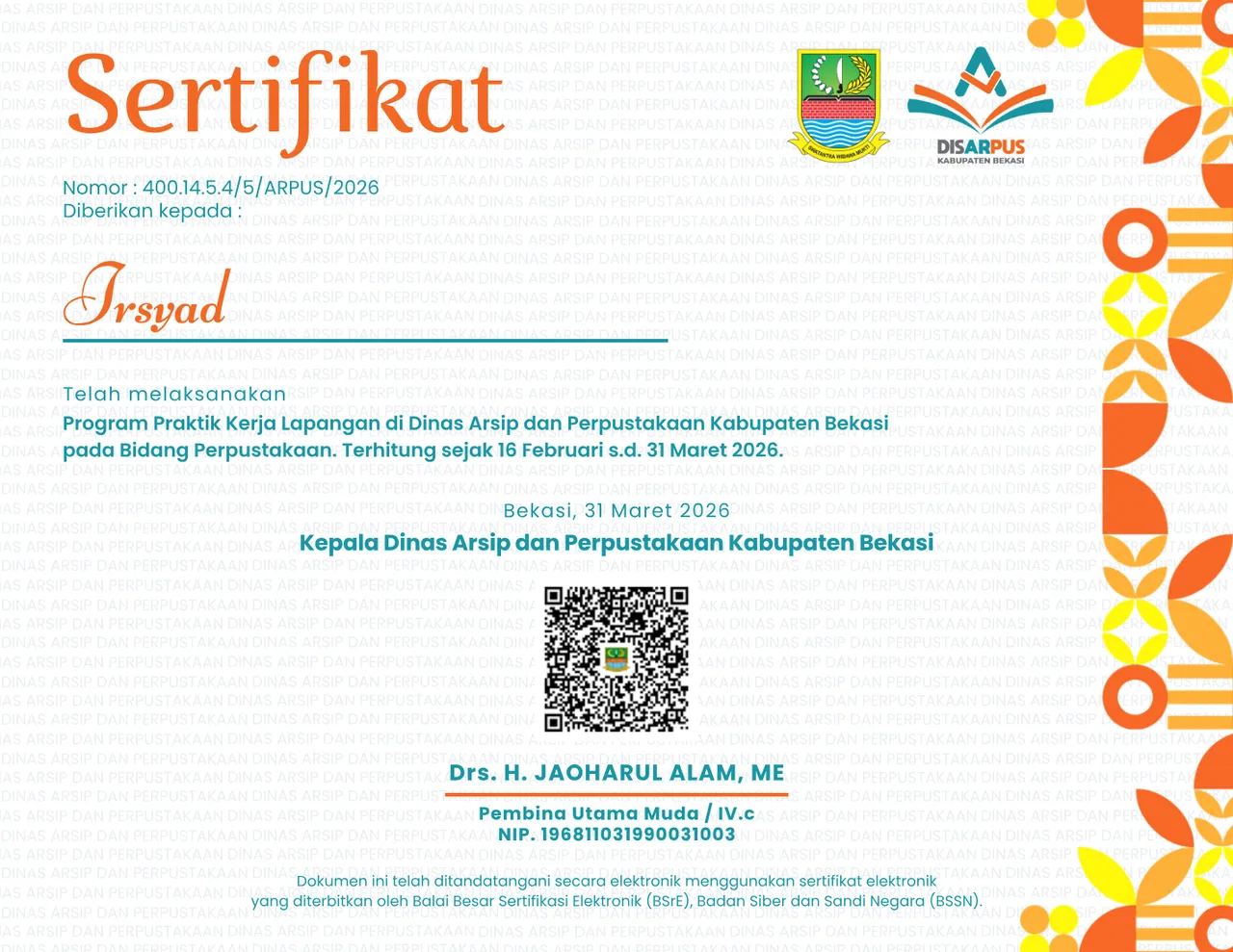 Sertifikat Praktik Kerja Lapangan atas nama Irsyad