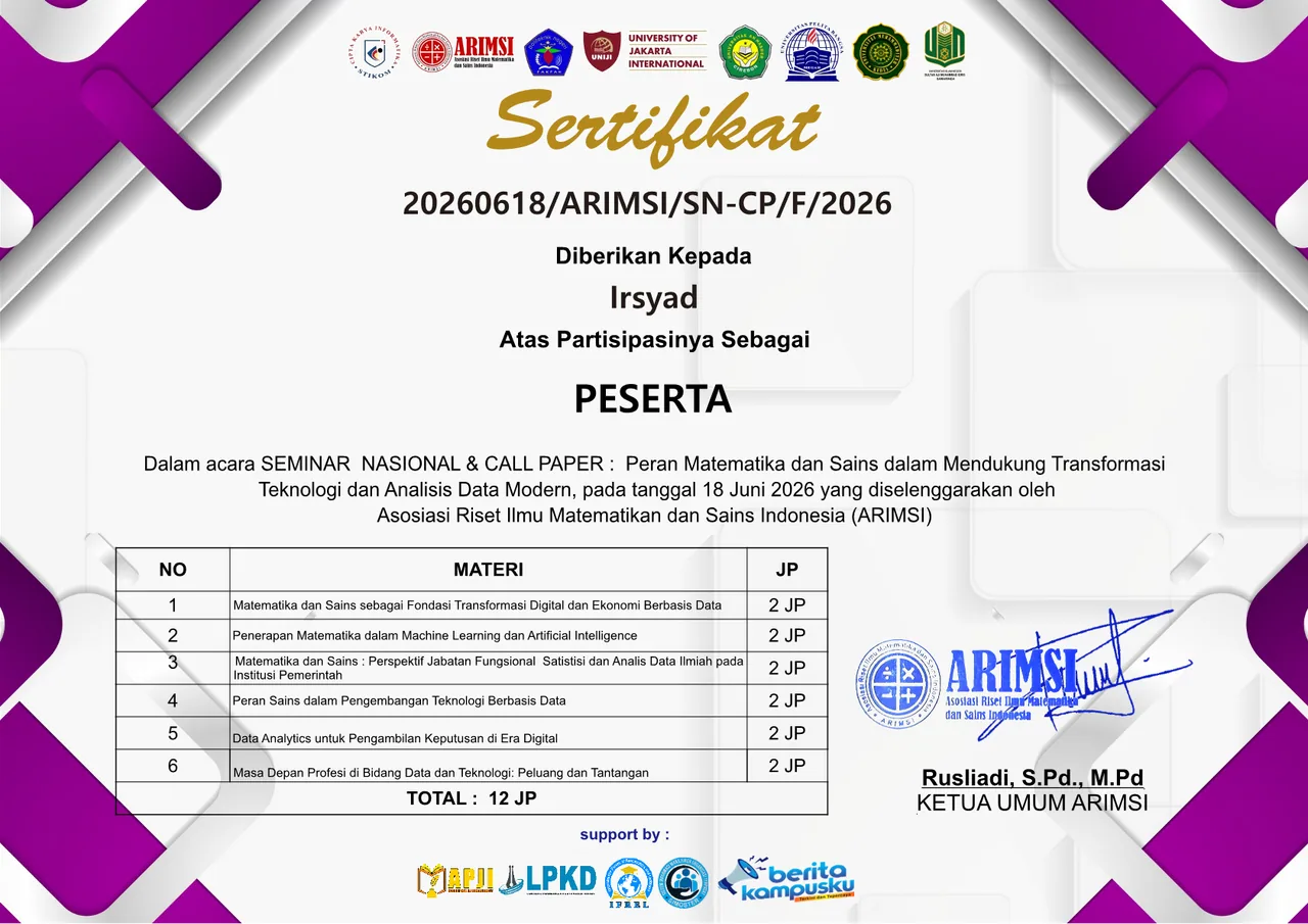 Sertifikat Seminar Nasional Data & AI atas nama Irsyad
