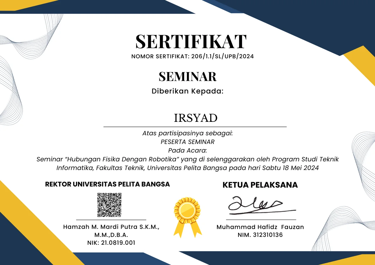 Sertifikat Seminar Fisika & Robotika atas nama Irsyad