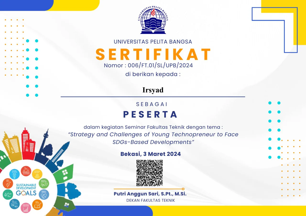 Sertifikat Seminar Technopreneur & SDGs atas nama Irsyad