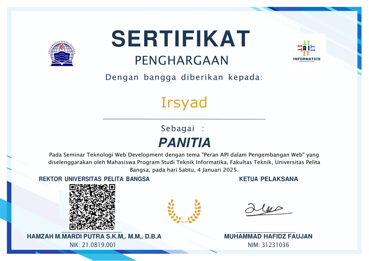 Sertifikat Panitia Seminar Web Development & API atas nama Irsyad