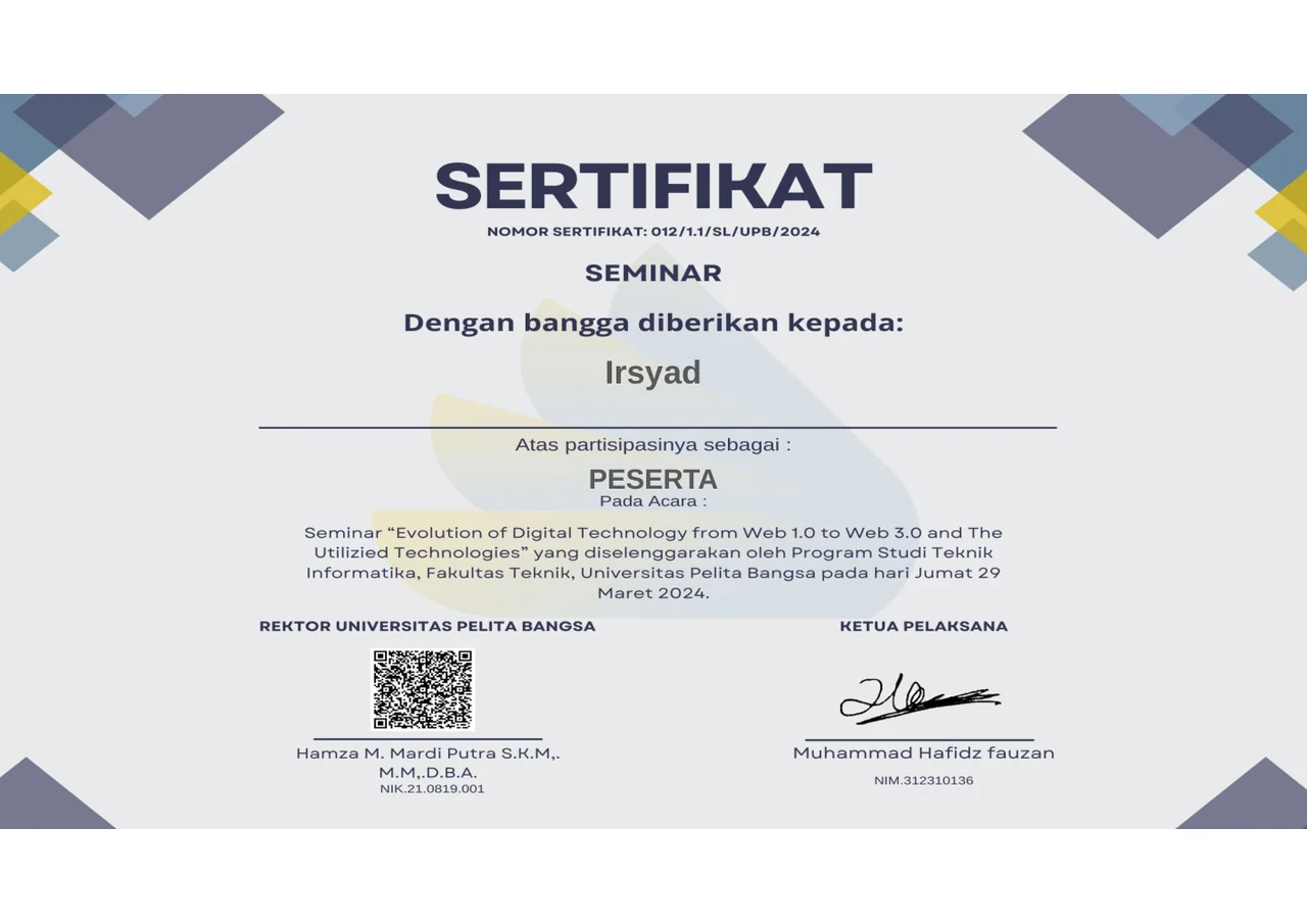 Sertifikat Seminar Evolusi Teknologi Web atas nama Irsyad